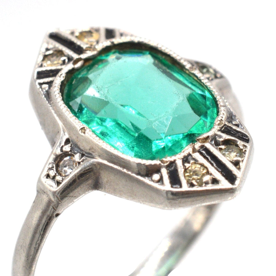 German Art Deco Silver Green 'Emerald' Paste, 'White 'Diamond' Paste & Black Enamel 'Onyx' Cocktail Ring | Parkin and Gerrish | Antique & Vintage Jewellery