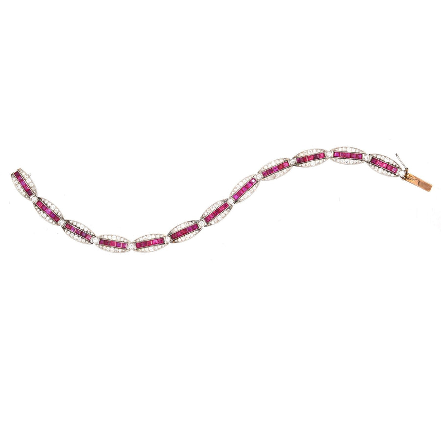 Imperial Russian 1910s 18ct Gold and Platinum, Burma Ruby and Old European Cut Diamond Bracelet