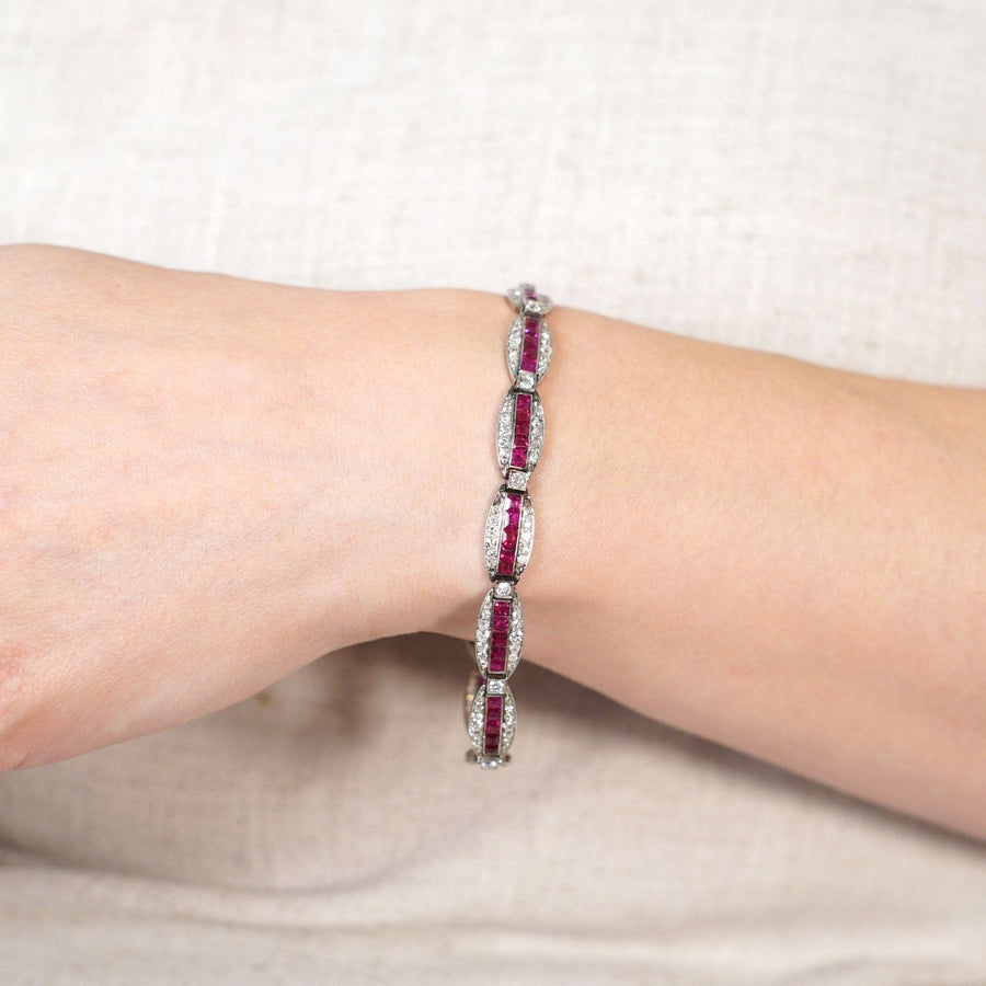 Imperial Russian 1910s 18ct Gold and Platinum, Burma Ruby and Old European Cut Diamond Bracelet