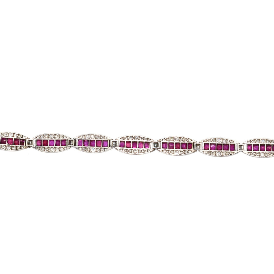 Imperial Russian 1910s 18ct Gold and Platinum, Burma Ruby and Old European Cut Diamond Bracelet