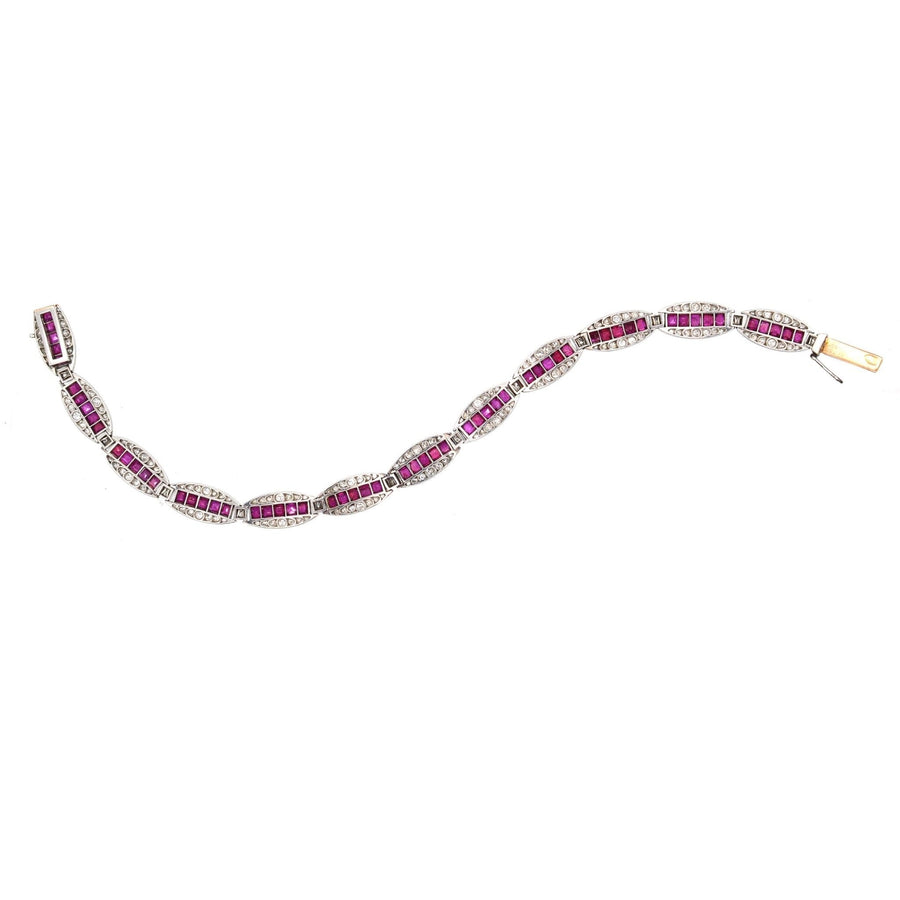 Imperial Russian 1910s 18ct Gold and Platinum, Burma Ruby and Old European Cut Diamond Bracelet