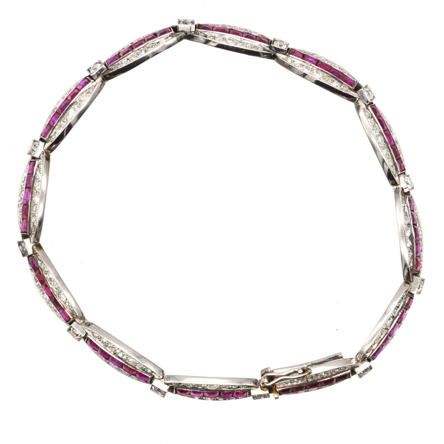 Imperial Russian 1910s 18ct Gold and Platinum, Burma Ruby and Old European Cut Diamond Bracelet