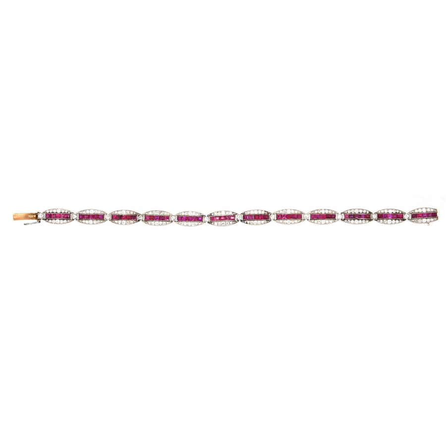Imperial Russian 1910s 18ct Gold and Platinum, Burma Ruby and Old European Cut Diamond Bracelet