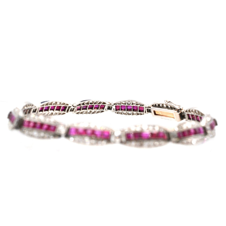 Imperial Russian 1910s 18ct Gold and Platinum, Burma Ruby and Old European Cut Diamond Bracelet
