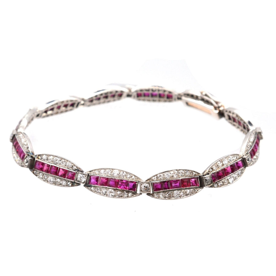 Imperial Russian 1910s 18ct Gold and Platinum, Burma Ruby and Old European Cut Diamond Bracelet