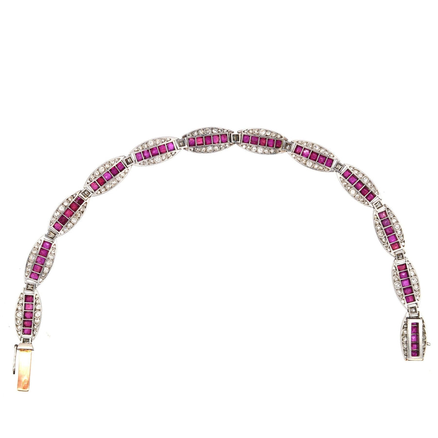 Imperial Russian 1910s 18ct Gold and Platinum, Burma Ruby and Old European Cut Diamond Bracelet