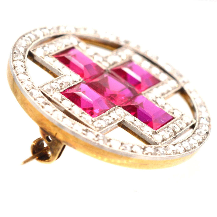 Imperial Russian 1910s 18ct Gold and Platinum, Synthetic Ruby and Rose Cut Diamond Red Russian Cross Brooch