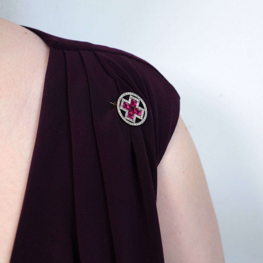 Imperial Russian 1910s 18ct Gold and Platinum, Synthetic Ruby and Rose Cut Diamond Red Russian Cross Brooch