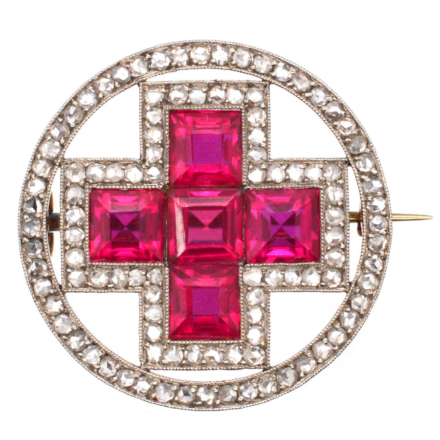 Imperial Russian 1910s 18ct Gold and Platinum, Synthetic Ruby and Rose Cut Diamond Red Russian Cross Brooch