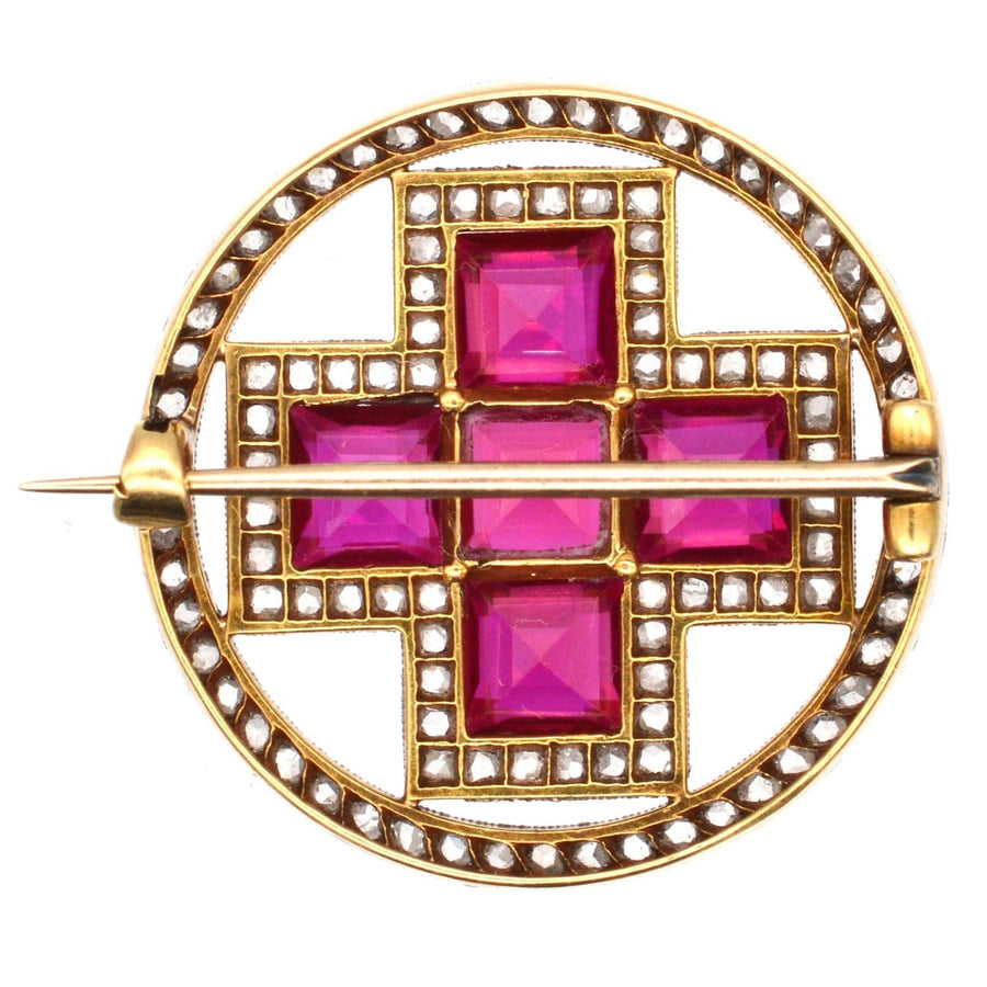 Imperial Russian 1910s 18ct Gold and Platinum, Synthetic Ruby and Rose Cut Diamond Red Russian Cross Brooch
