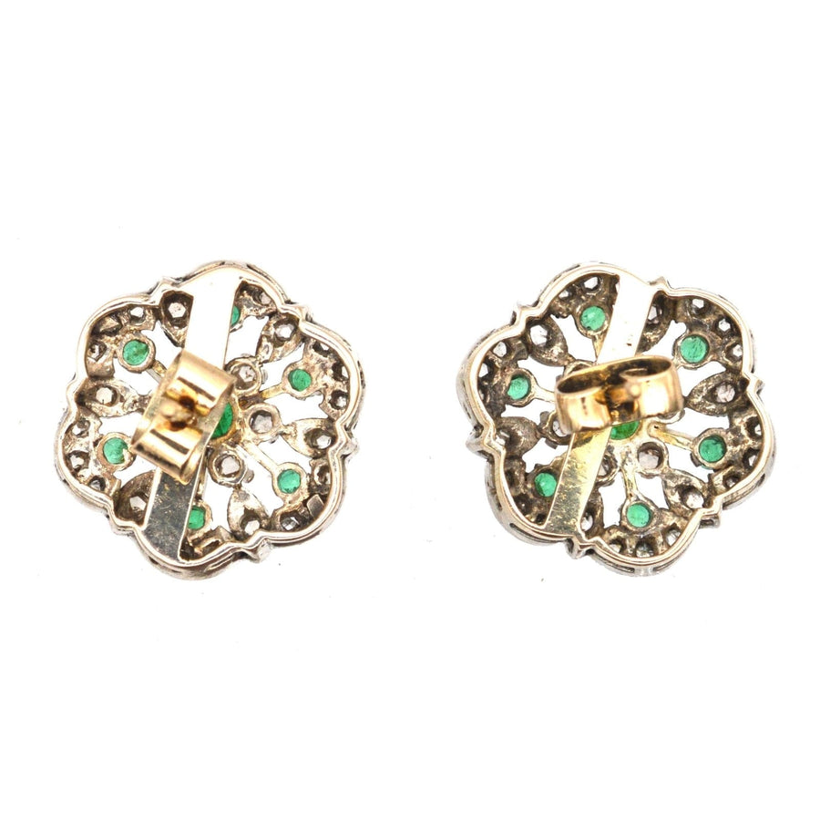 Large 1950s 18ct Gold Emerald and Diamond Cluster Stud Earrings | Parkin and Gerrish | Antique & Vintage Jewellery