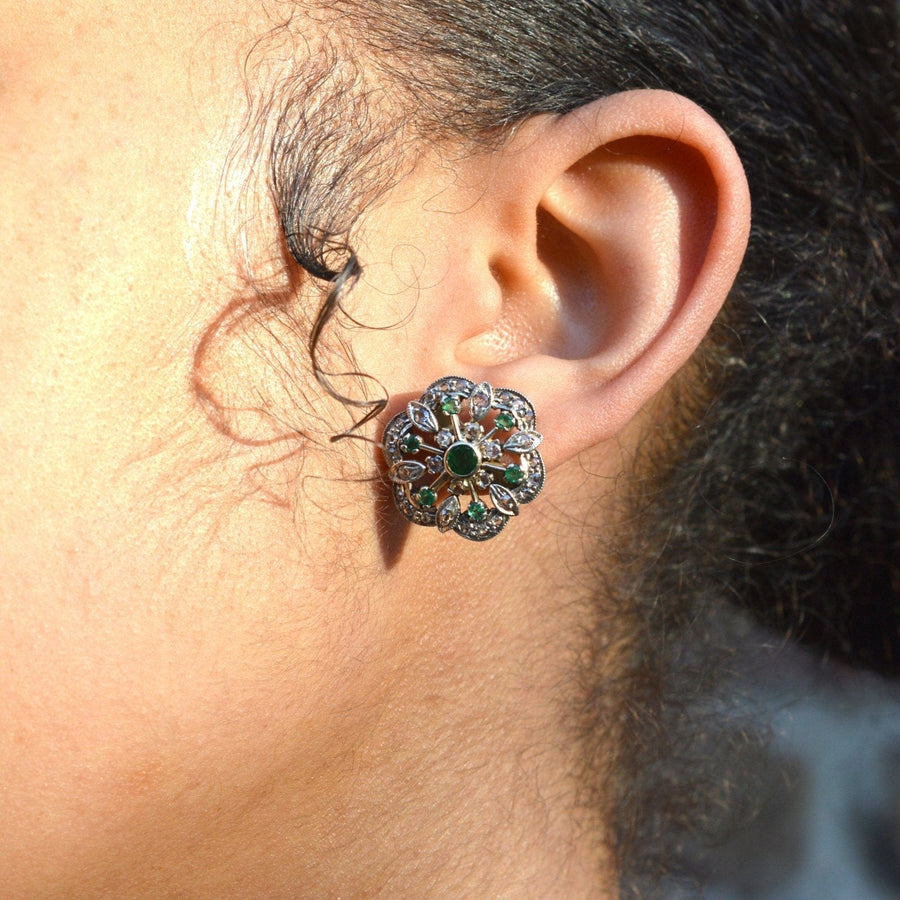 Large 1950s 18ct Gold Emerald and Diamond Cluster Stud Earrings | Parkin and Gerrish | Antique & Vintage Jewellery