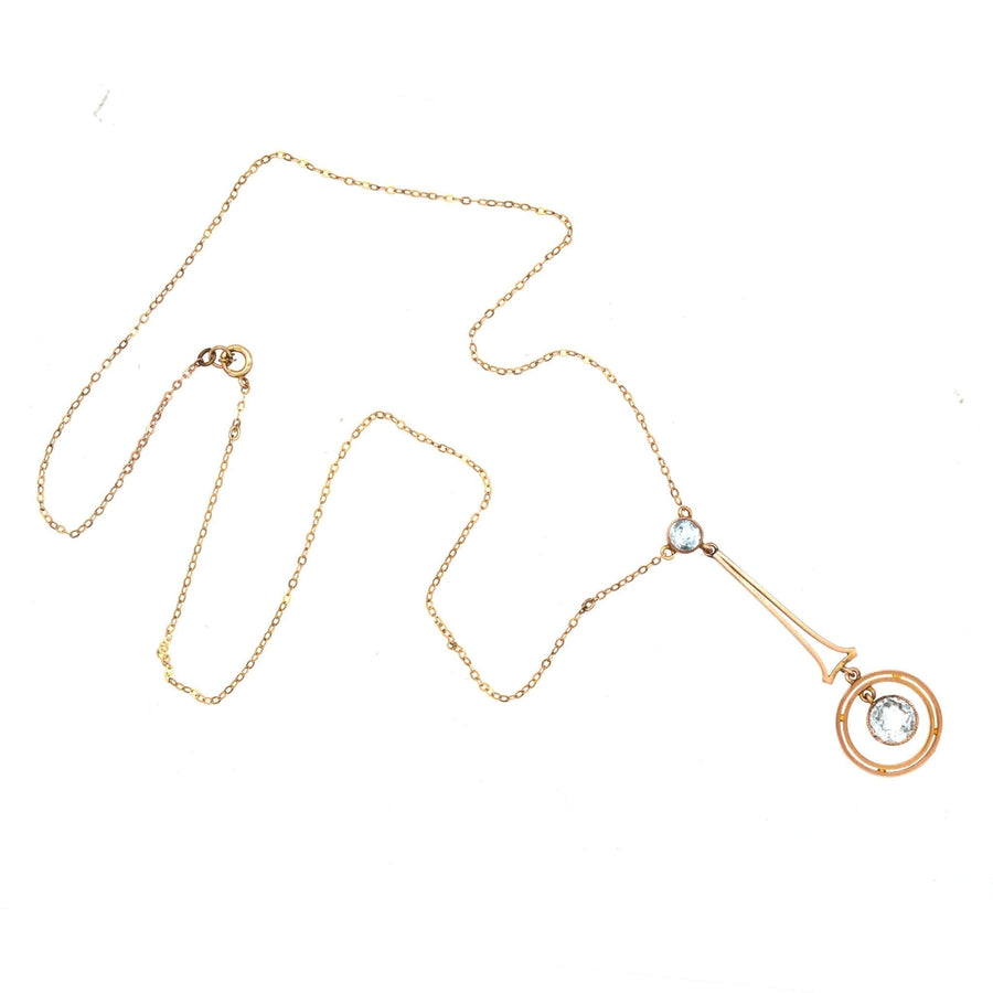 Large Art Deco 9ct gold aquamarine pendant and chain, stylish vintage design reminiscent of the Eiffel Tower.