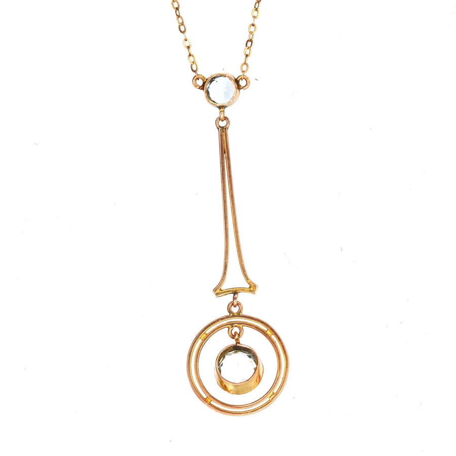 Large Art Deco 9ct gold aquamarine pendant with chain, elegant 1920s design featuring two sparkling aquamarines.