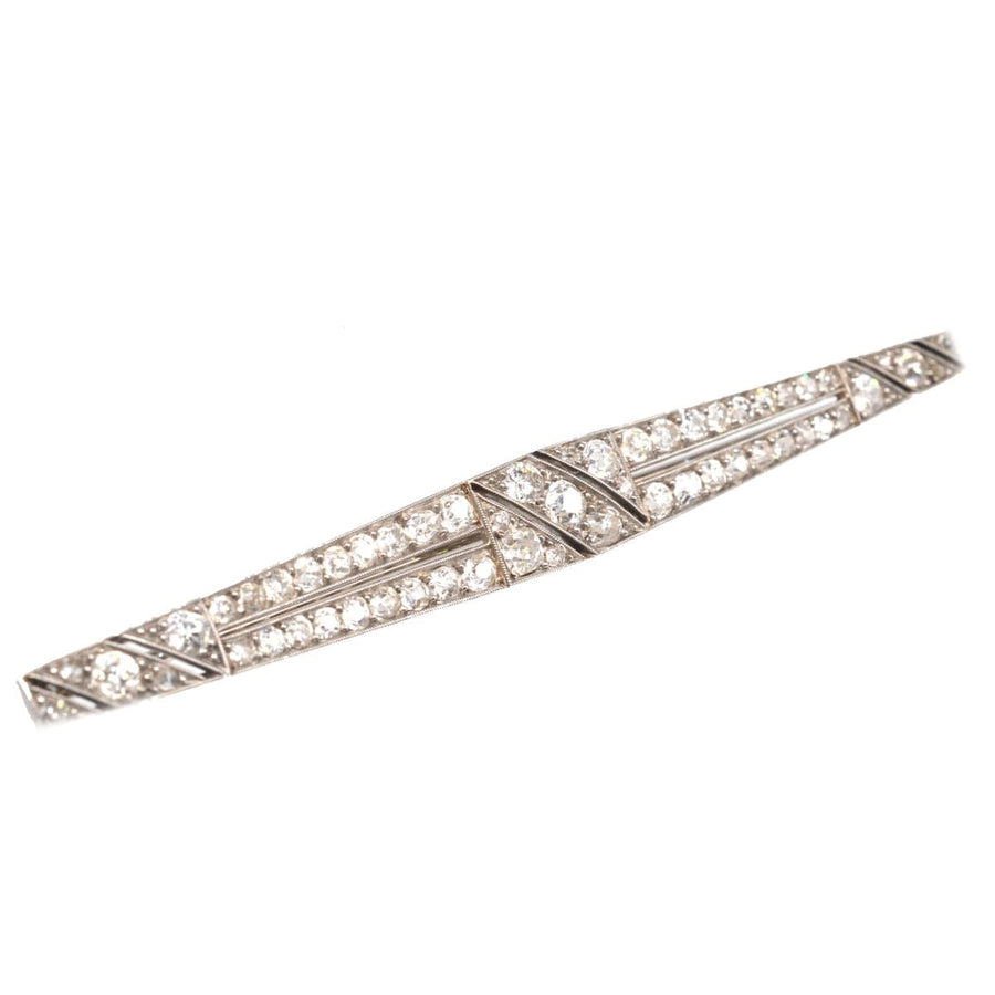 Large Art Deco platinum diamond bar brooch with geometric design and sparkling diamonds, perfect for stylish accessories.