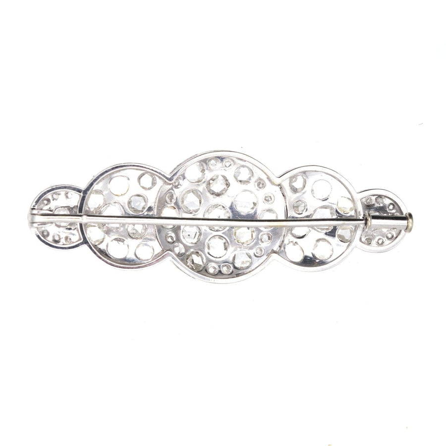 Large Art Deco brooch featuring quintuple circle design with rose cut diamonds, crafted in France in the 1930s.