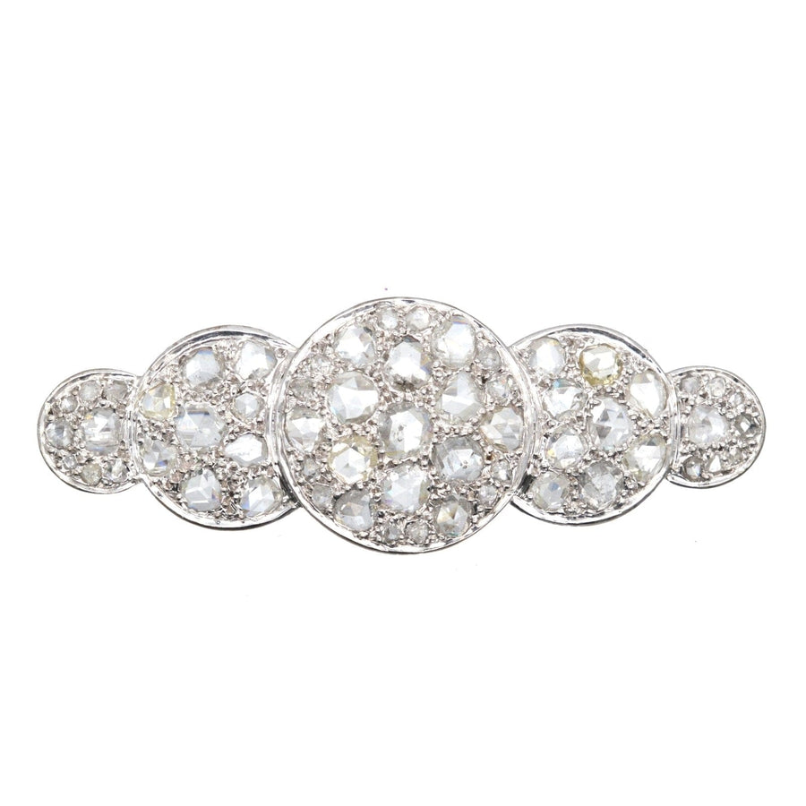 Large Art Deco rose cut diamond brooch with five circular sections, circa 1930s, featuring approx. 5 carats of diamonds.