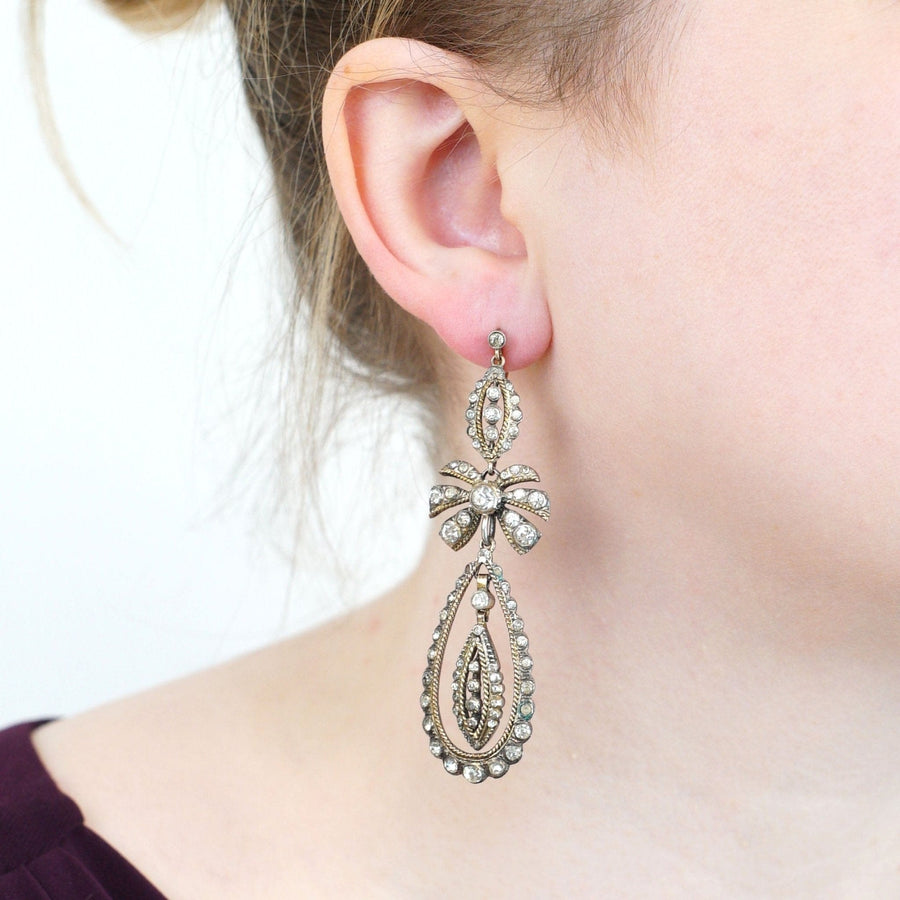 Large Art Deco Silver & 9ct Gold, Portuguese Style Bow Pendant Earrings