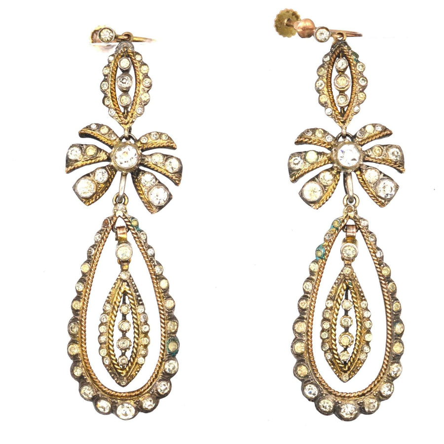 Large Art Deco Silver & 9ct Gold, Portuguese Style Bow Pendant Earrings