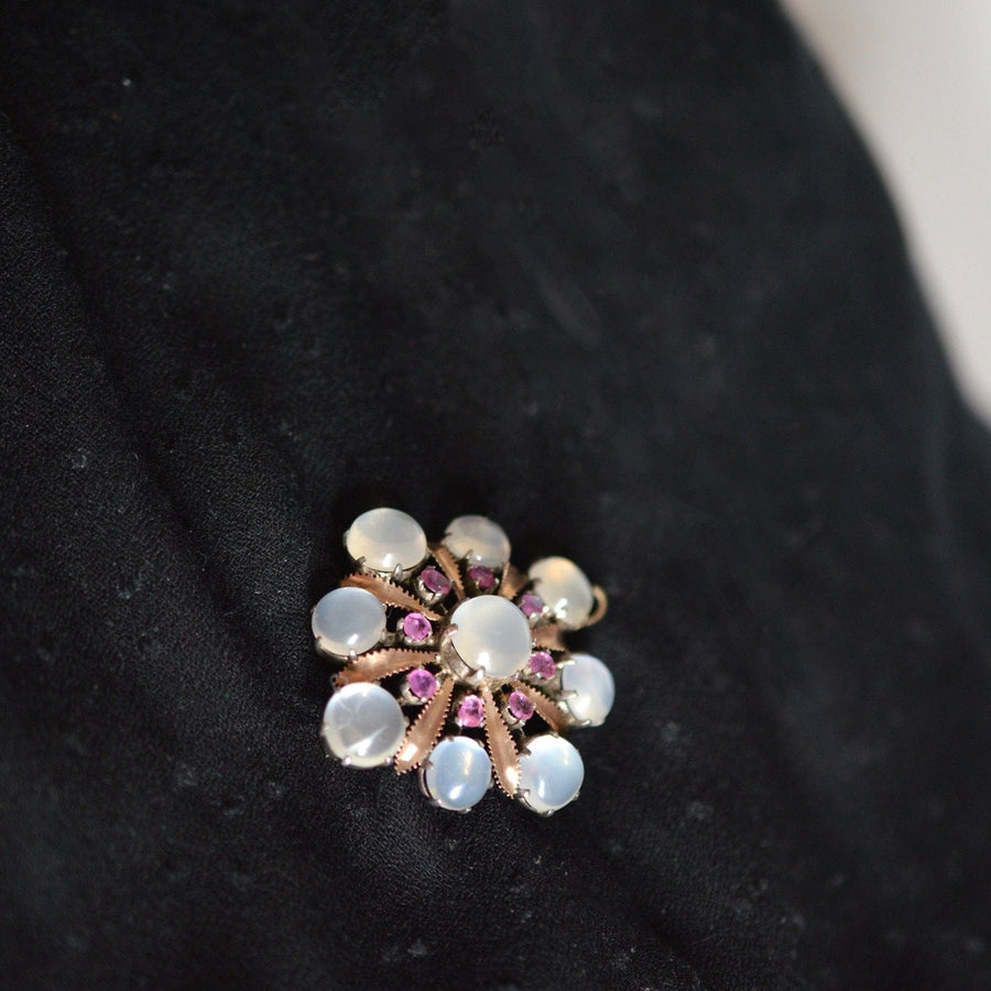 Large silver and 9ct gold brooch pendant featuring moonstones and natural rubies, vintage 1910.