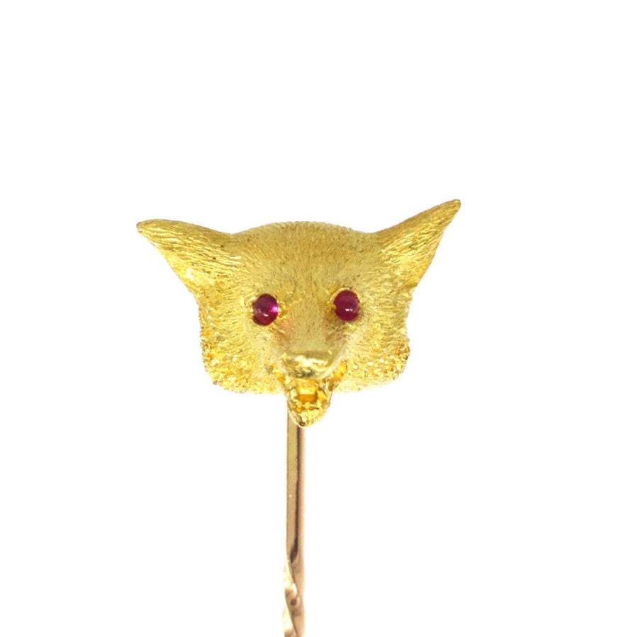 Large Edwardian 18ct gold fox tie pin with ruby eyes, a stunning accessory for silk ties and lapels.