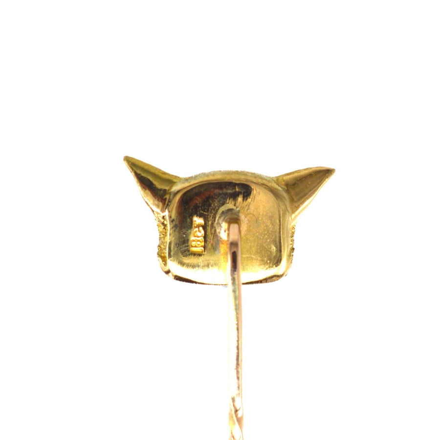 Back view of a large 18ct gold fox tie pin, showcasing intricate details and hallmark.