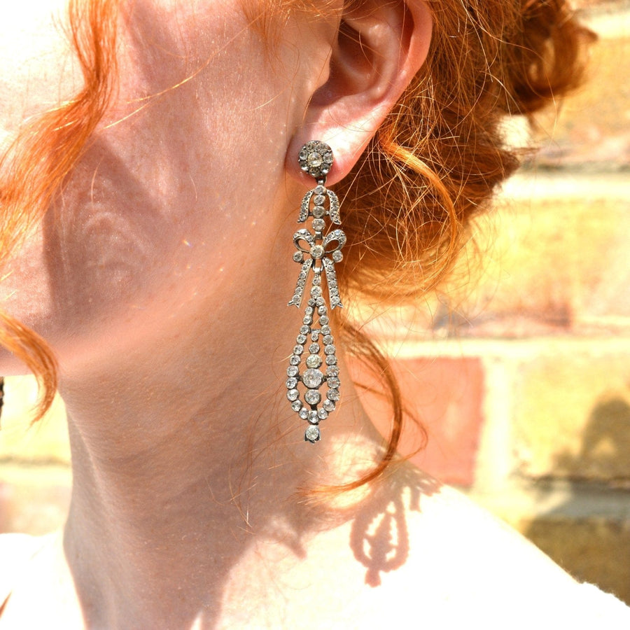Large French Mid 19th Century Silver 'Portuguese Style' Pendeloque Bow Paste Earrings | Parkin and Gerrish (UK)