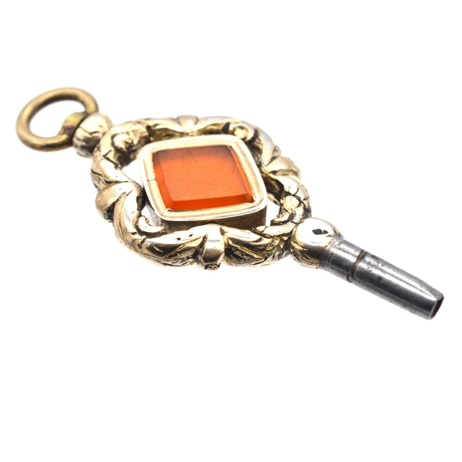 Large Regency gold watch key with diamond-shaped carnelian, circa 1820s-1830s, ideal for a unique pendant.