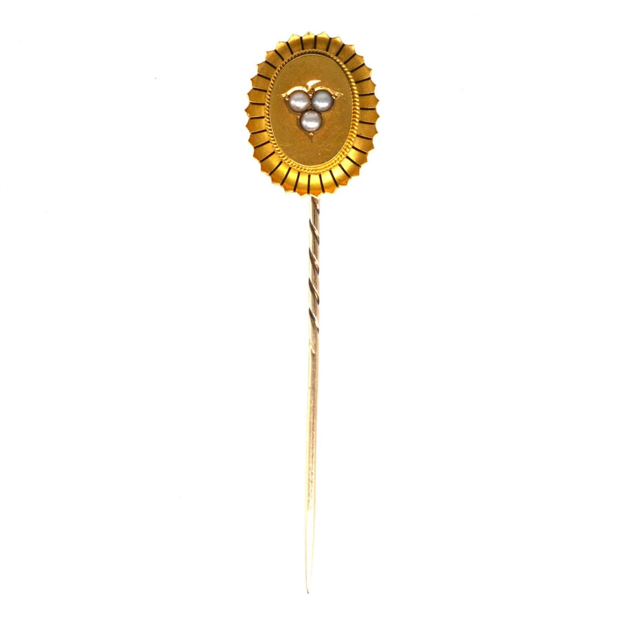 Large Victorian 15ct Gold Oval Tie Pin with Split Pearl Leaf Motif | Parkin and Gerrish (UK)