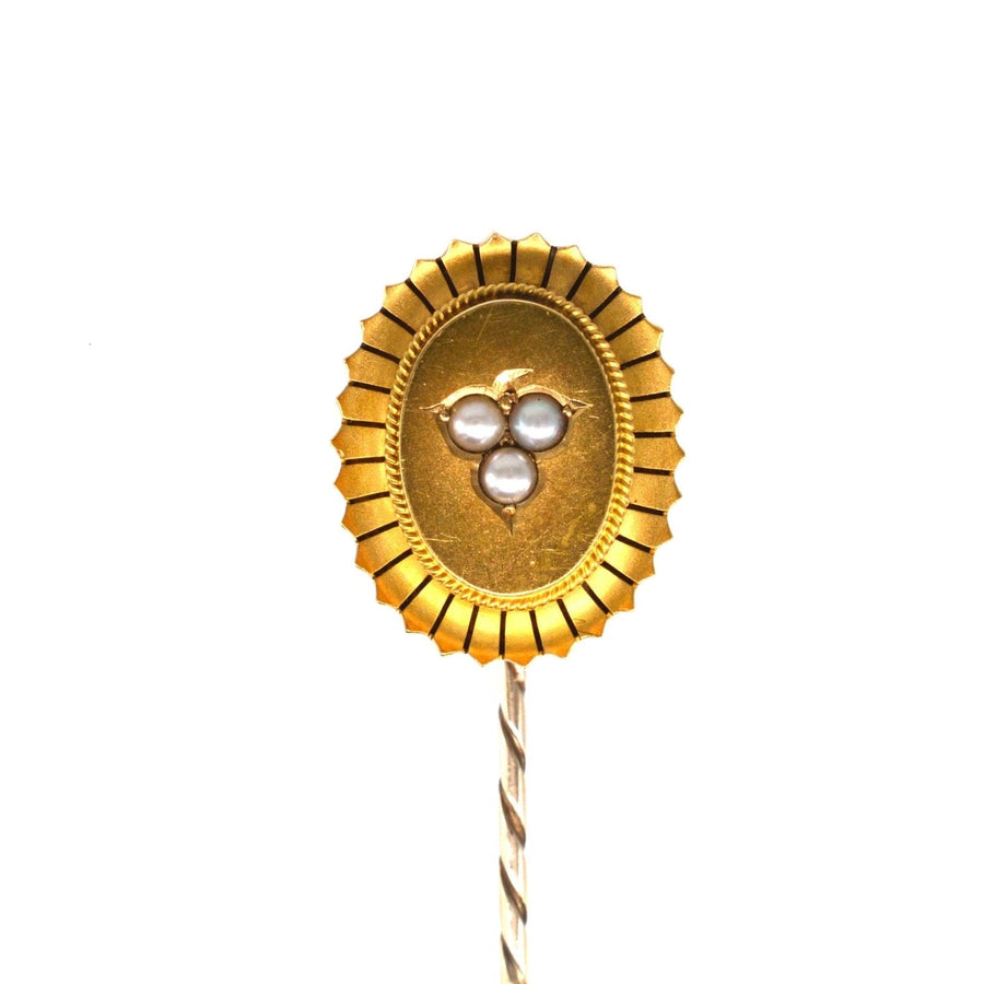 Large Victorian 15ct Gold Oval Tie Pin with Split Pearl Leaf Motif | Parkin and Gerrish (UK)