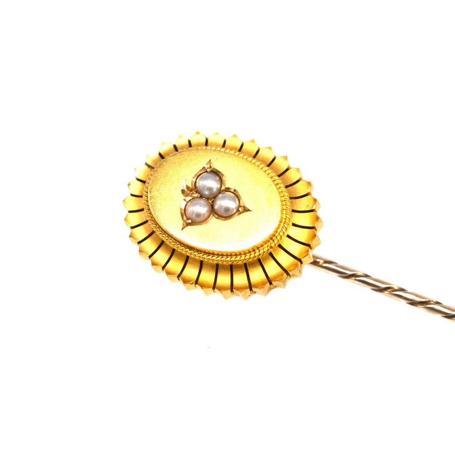 Large Victorian 15ct Gold Oval Tie Pin with Split Pearl Leaf Motif | Parkin and Gerrish (UK)