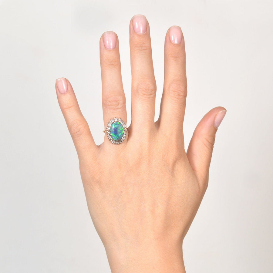 Large Victorian 18ct Gold Black Opal & Diamond Cluster Ring