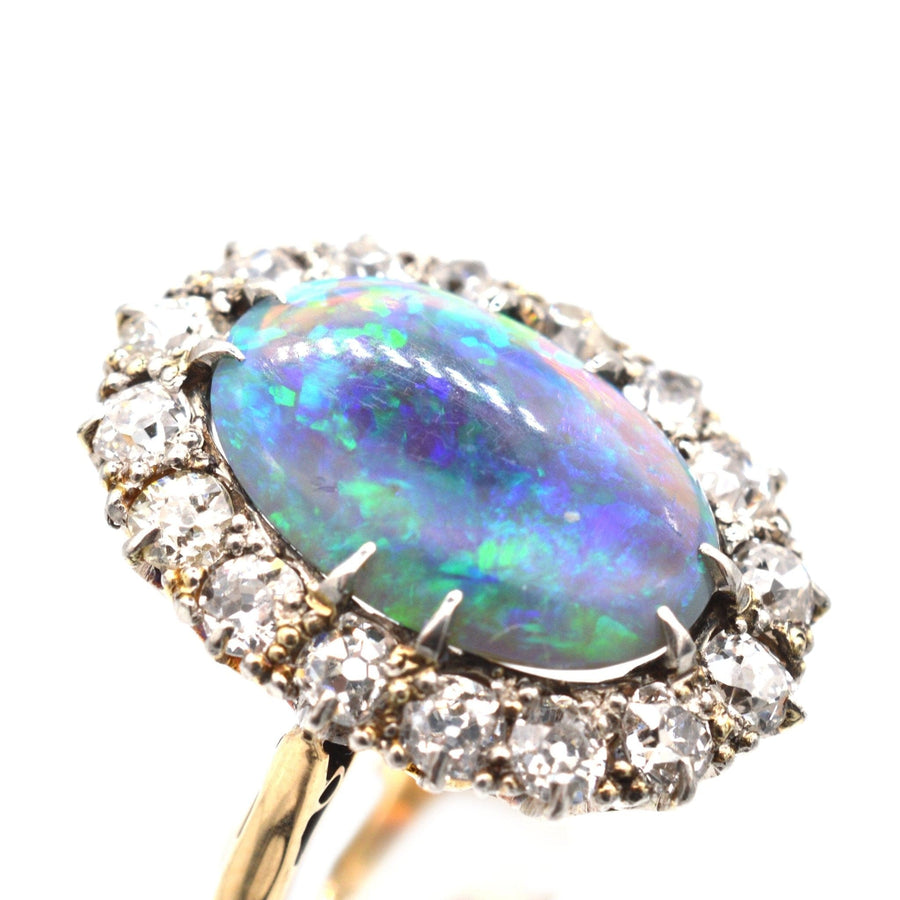 Large Victorian 18ct Gold Black Opal & Diamond Cluster Ring