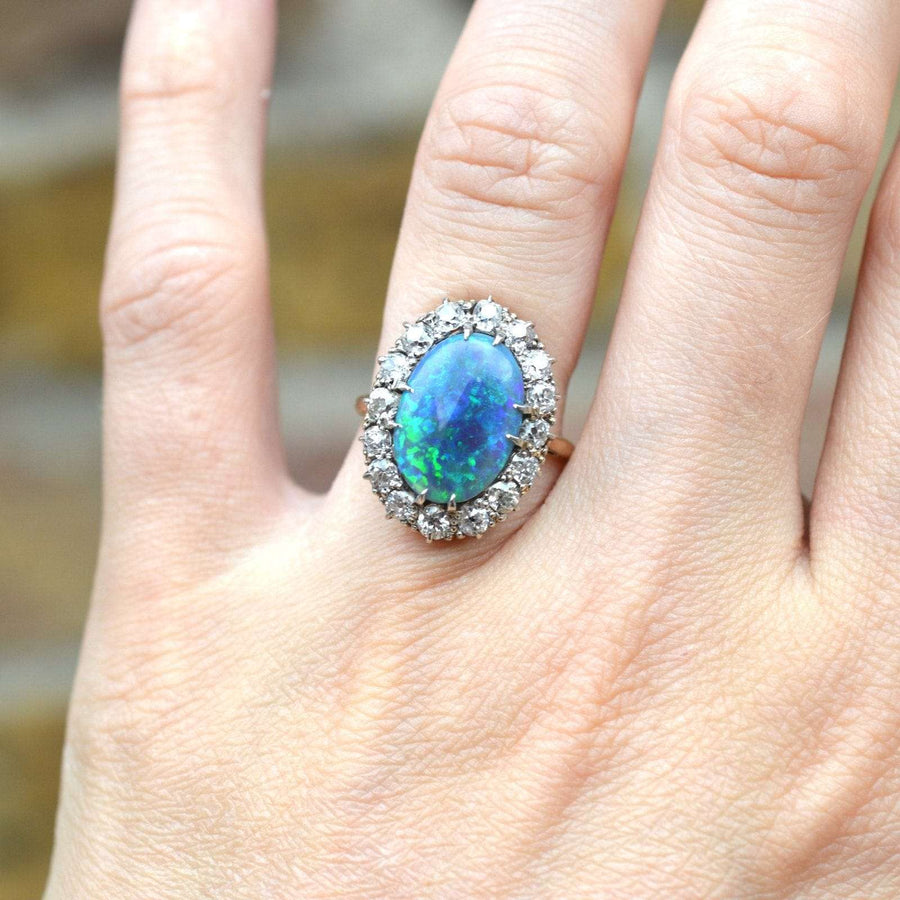 Large Victorian 18ct Gold Black Opal & Diamond Cluster Ring