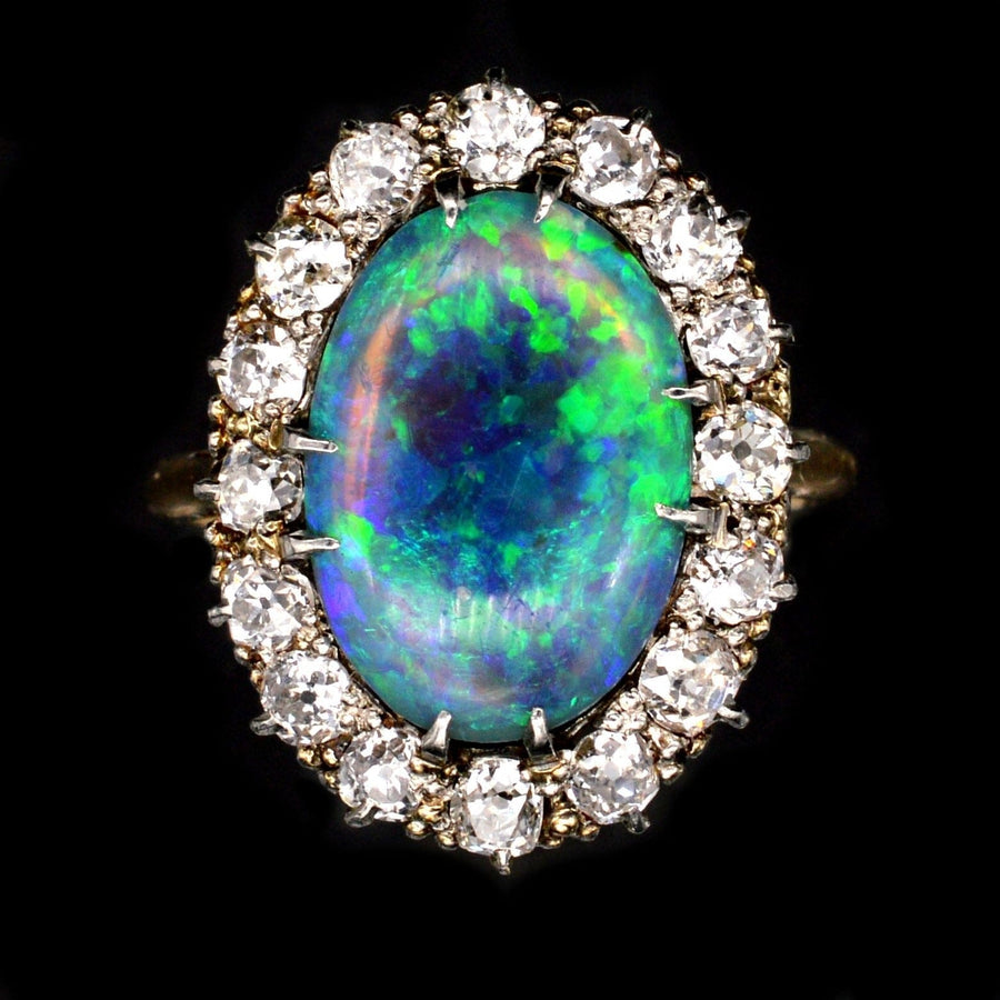 Large Victorian 18ct Gold Black Opal & Diamond Cluster Ring