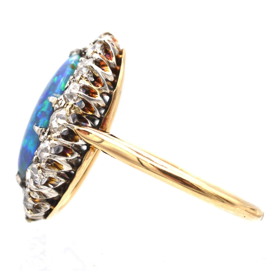Large Victorian 18ct Gold Black Opal & Diamond Cluster Ring