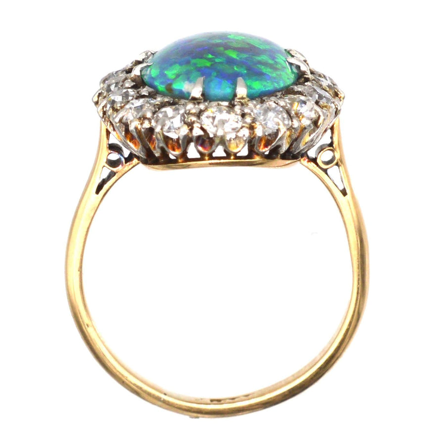 Large Victorian 18ct Gold Black Opal & Diamond Cluster Ring