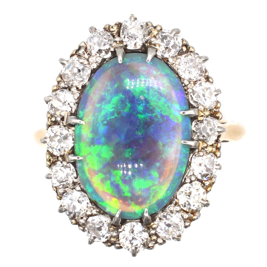 Large Victorian 18ct Gold Black Opal & Diamond Cluster Ring