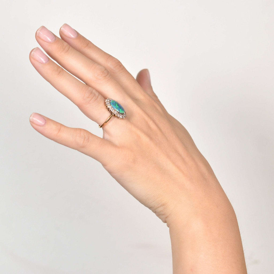 Large Victorian 18ct Gold Black Opal & Diamond Cluster Ring