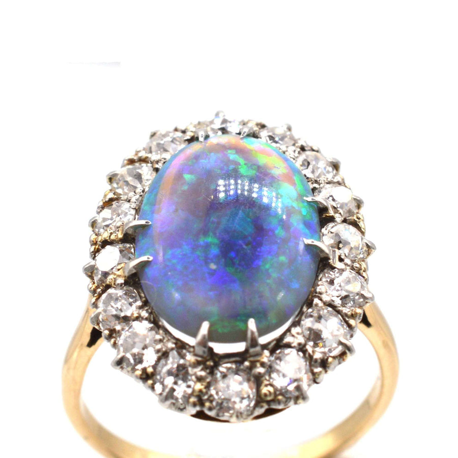 Large Victorian 18ct Gold Black Opal & Diamond Cluster Ring