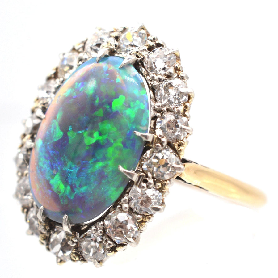 Large Victorian 18ct Gold Black Opal & Diamond Cluster Ring