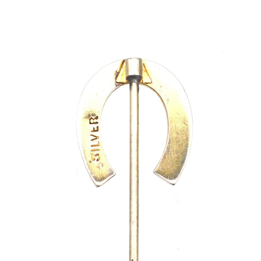 Large Victorian silver seed pearl horseshoe pin symbolizing good luck and protection from evil.