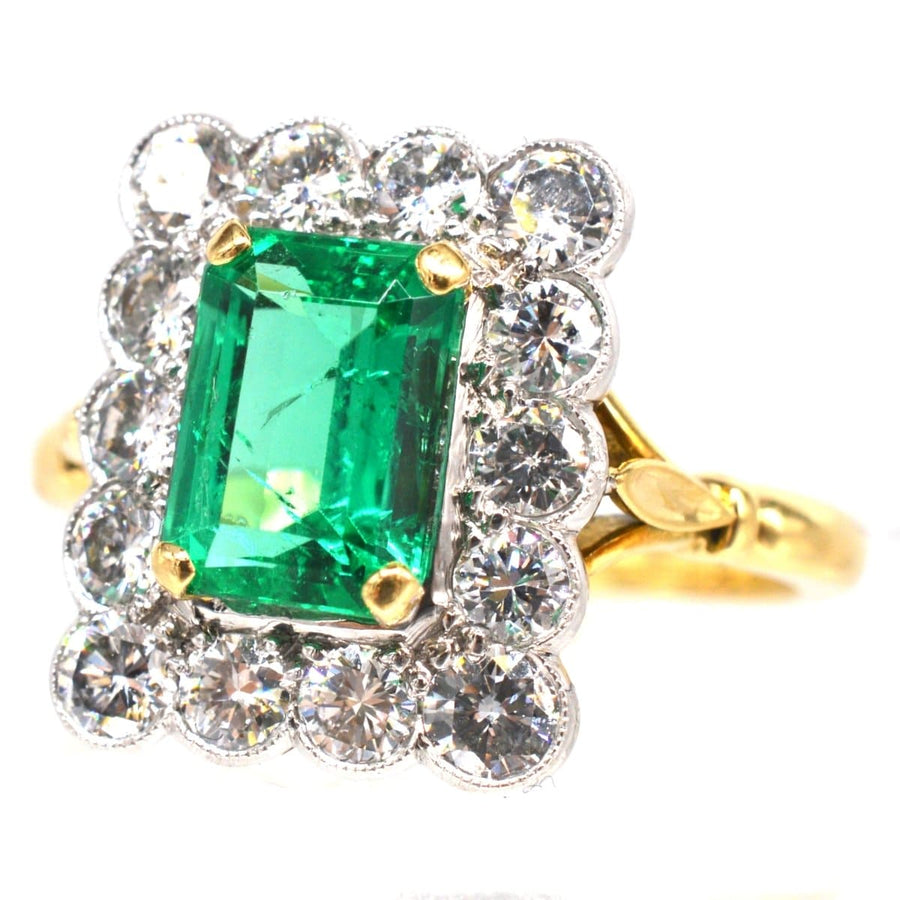 Large Vintage 18ct Gold & Platinum, Certificated Emerald and Diamond Rectangular Cluster Ring | Parkin and Gerrish | Antique & Vintage Jewellery
