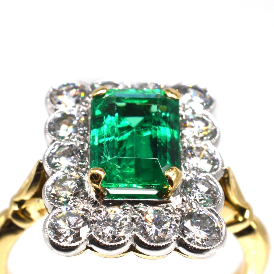 Large Vintage 18ct Gold & Platinum, Certificated Emerald and Diamond Rectangular Cluster Ring | Parkin and Gerrish | Antique & Vintage Jewellery