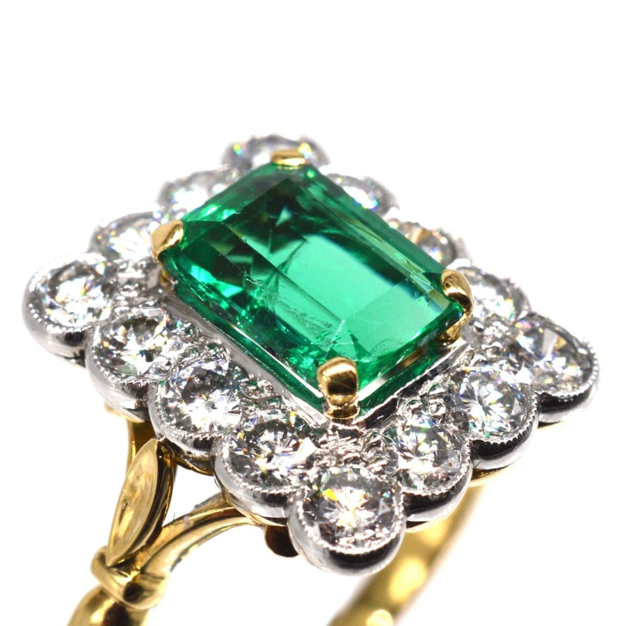 Large Vintage 18ct Gold & Platinum, Certificated Emerald and Diamond Rectangular Cluster Ring | Parkin and Gerrish | Antique & Vintage Jewellery