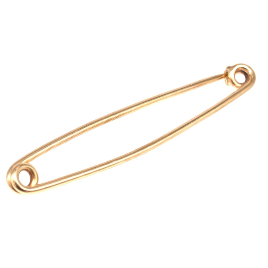 Large vintage 9ct gold safety pin brooch by Deakin & Francis, a historical riding accessory and fashion statement.