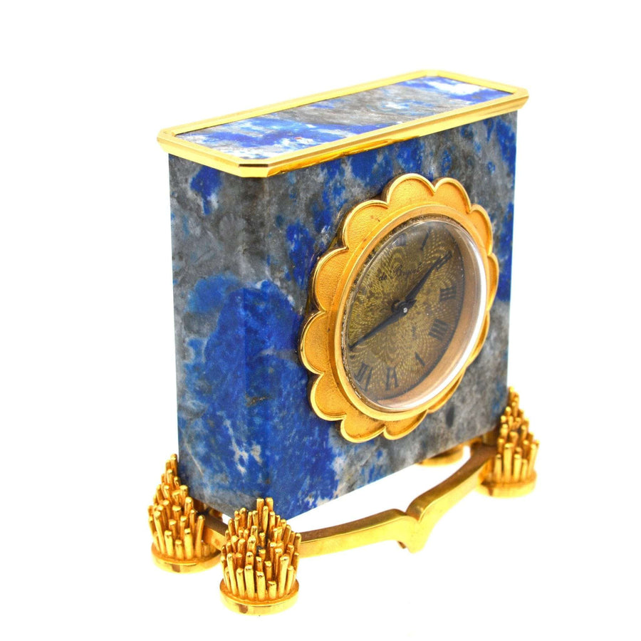 Late 1960s French 18ct gold lapis lazuli clock by de Brysal in original case, showcasing exquisite craftsmanship.