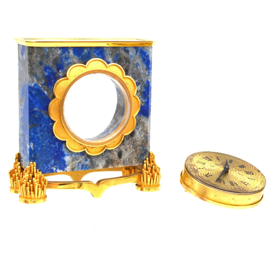 Late 1960s French gold lapis lazuli mantlepiece clock by de Brysal in original case.