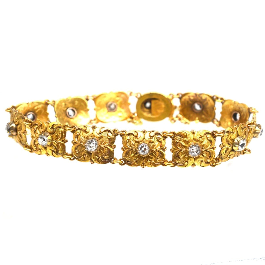 Late 19th century Art Nouveau 18ct gold and old mine cut diamond bracelet with exquisite foliage design.