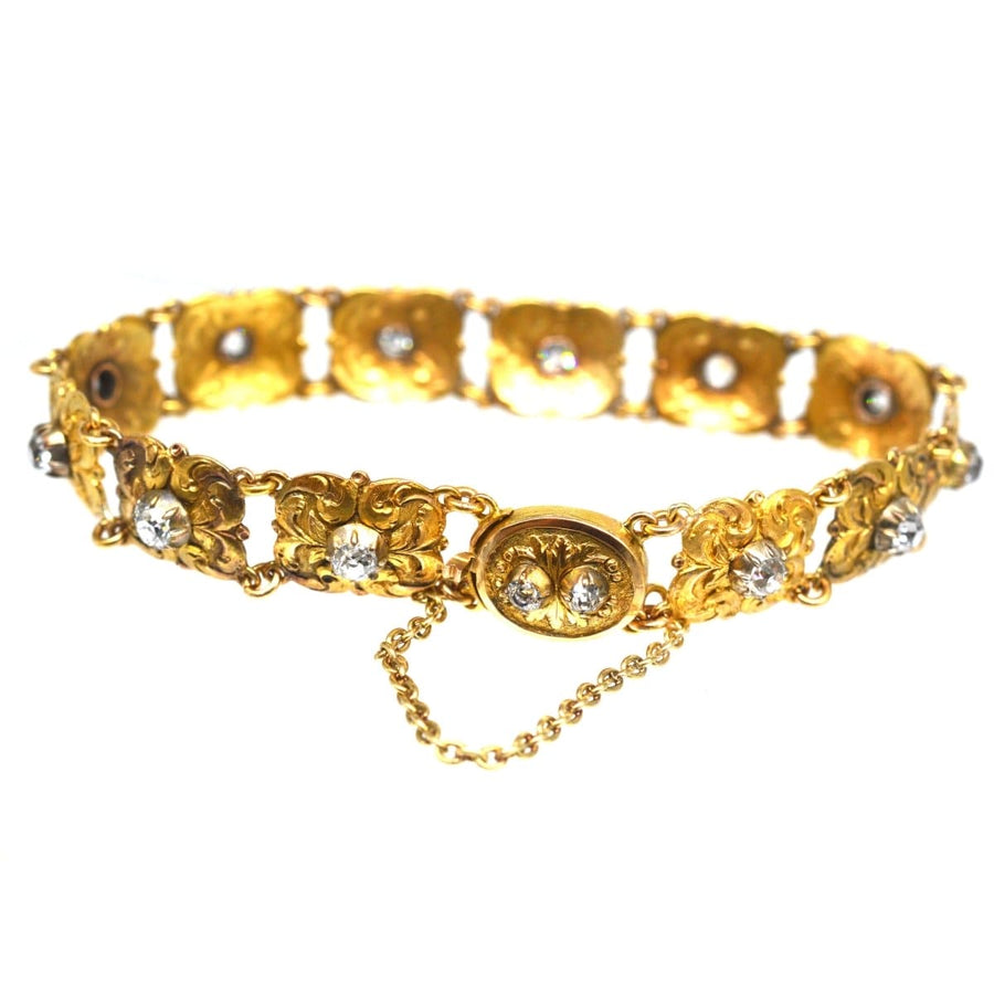 Art Nouveau 18ct gold bracelet with Old Mine cut diamonds, featuring intricate foliage design, ideal for antique jewelry lovers.
